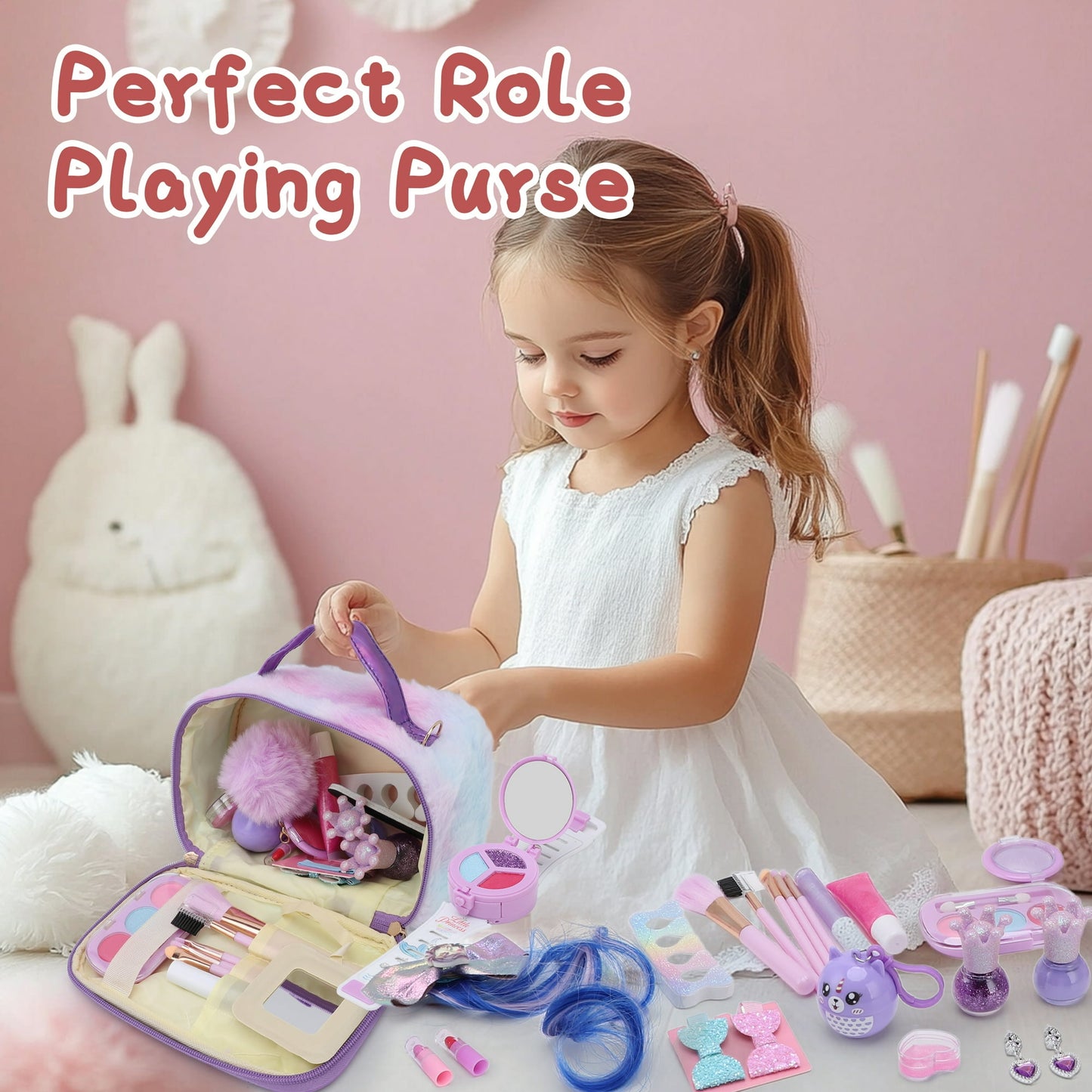 Kids Toy Makeup Set, Girls Fake Makeup Set, Kids Pretend Makeup Set With Princess Crown, Handbag, Wig And Other Girls Toys, Suitable For 3-12 Years Old Girls As Gifts For Birthday Christmas