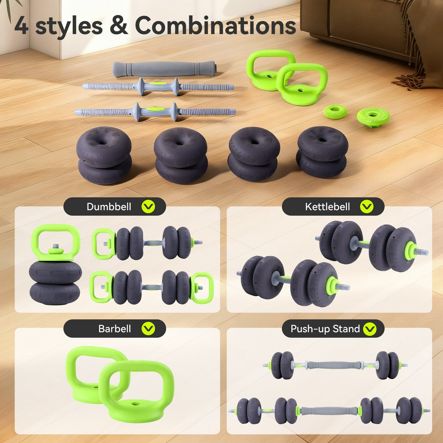 KALNUR Soft Adjustable Dumbbells 44lbs Floor Friendly, 4-in-1 Free Weights Set with Barbell & Kettlebell Function,Compact Strength Equipment for Home Gym,Small Space Workout for Men & Women