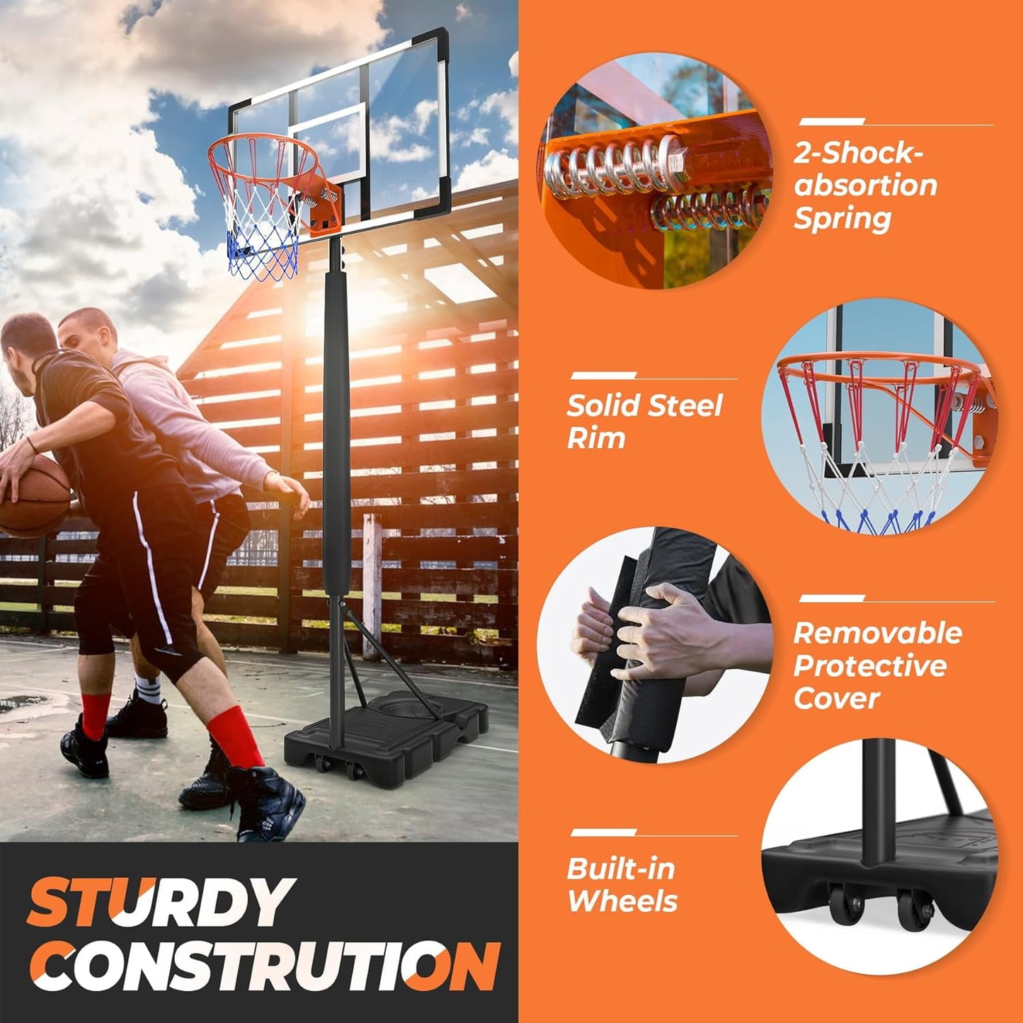 Youth Portable Basketball Hoop & Goal, 10FT Adjustable Height, 44 Inch Shatterproof PC Backboard Fillable Base with 2 Wheels & Sand Bags for Indoor Outdoor