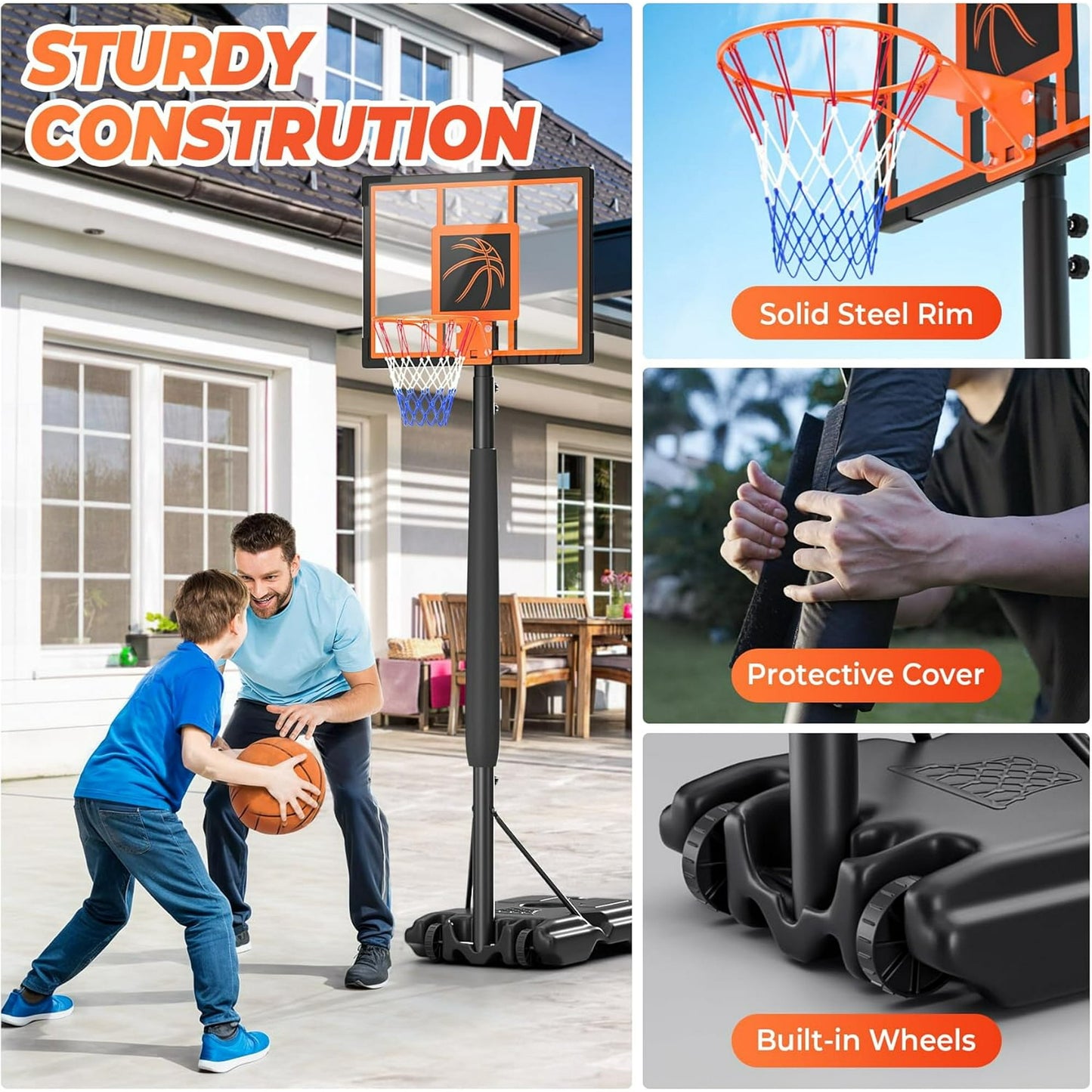 Youth Portable Basketball Hoop & Goal, 10FT Adjustable Height, 44 Inch Shatterproof PC Backboard Fillable Base with 2 Wheels & Sand Bags for Indoor Outdoor