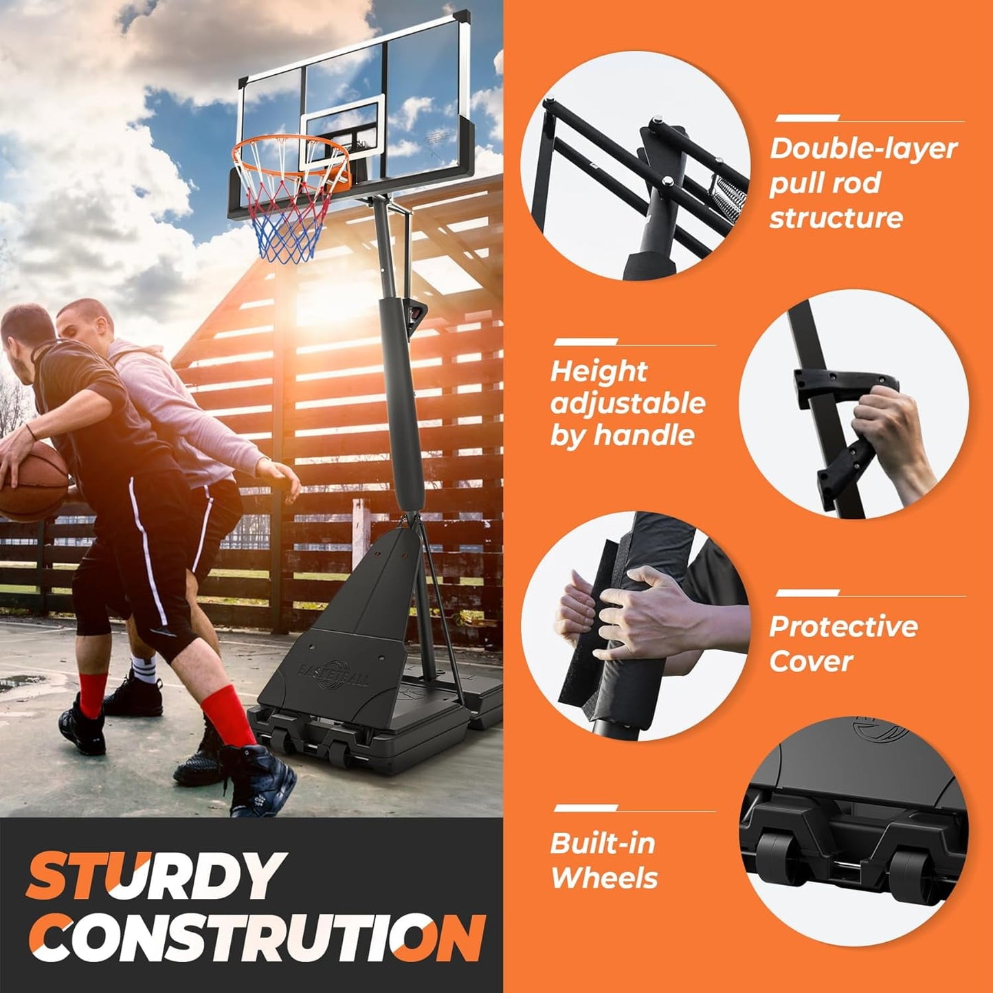 Youth Portable Basketball Hoop & Goal, 10FT Adjustable Height, 44 Inch Shatterproof PC Backboard Fillable Base with 2 Wheels & Sand Bags for Indoor Outdoor