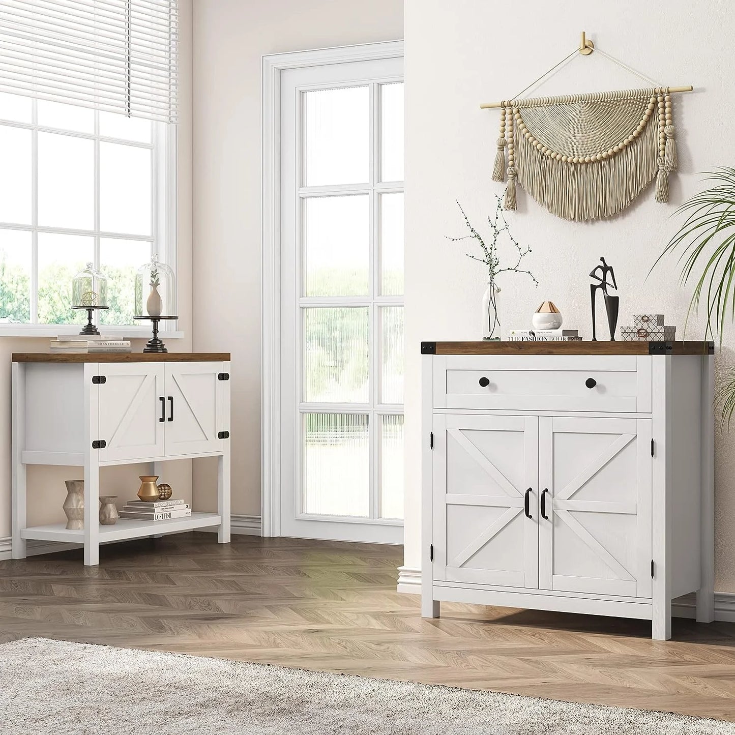 Coffee Bar Cabinet, Modern Farmhouse Buffet Sideboard with Drawer and Adjustable Shelf, Barn Door Storage Cabinet for Kitchen, Dining Room, Bathroom, Entryway, White
