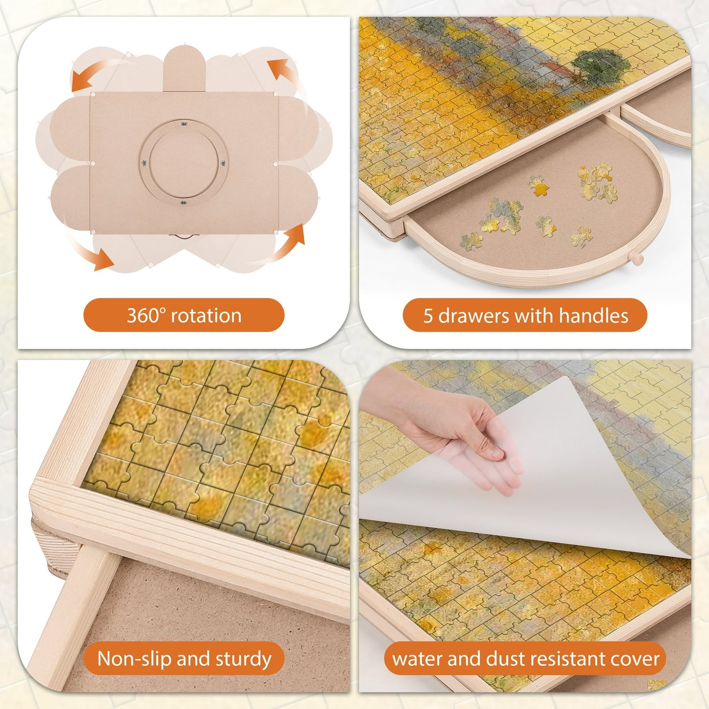 Crtynell 1500 Piece Puzzle Board With Drawers And Cover, 34" X 26" Wooden Rotating Jigsaw Puzzle Table, Spinning Puzzle Boards For Adults