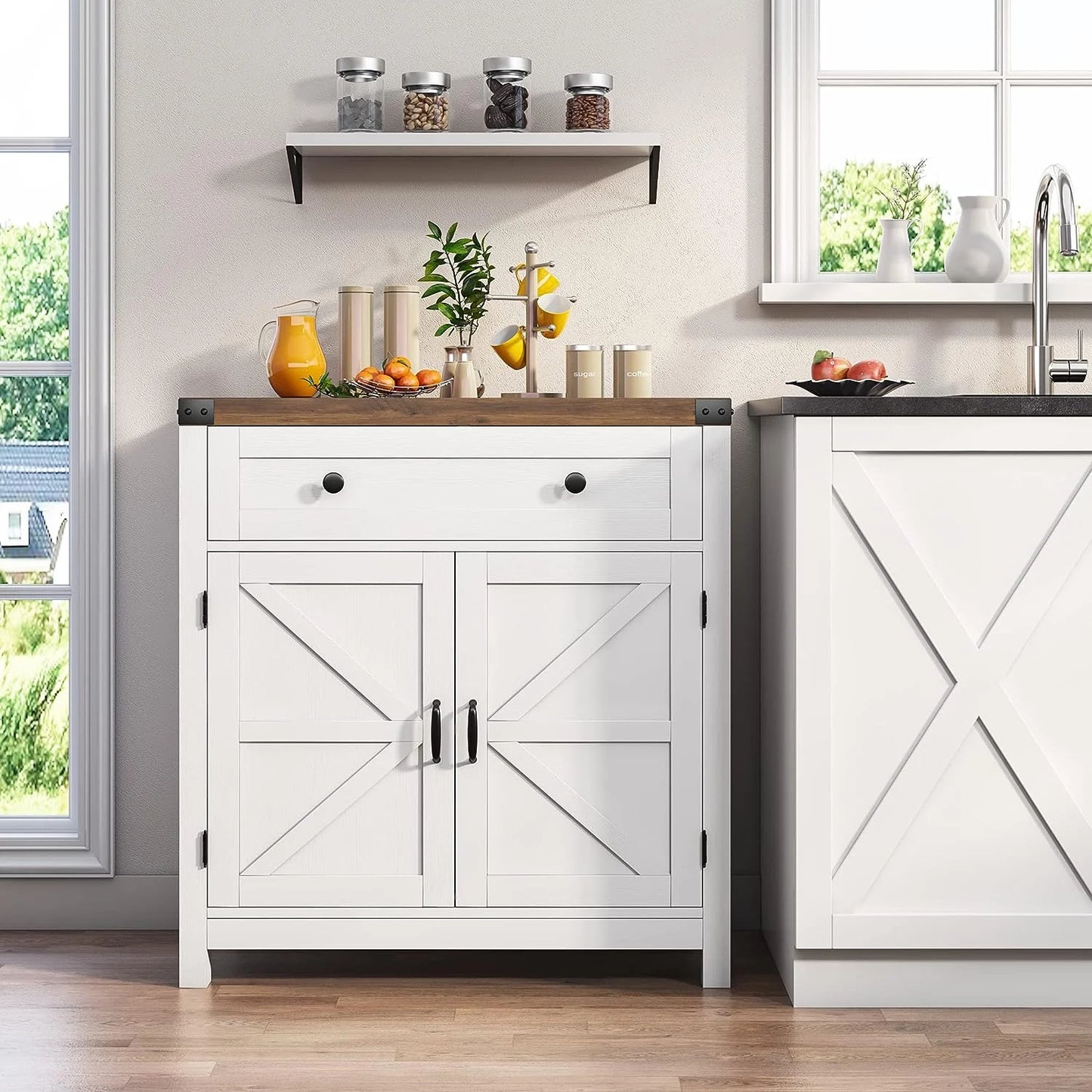 Coffee Bar Cabinet, Modern Farmhouse Buffet Sideboard with Drawer and Adjustable Shelf, Barn Door Storage Cabinet for Kitchen, Dining Room, Bathroom, Entryway, White