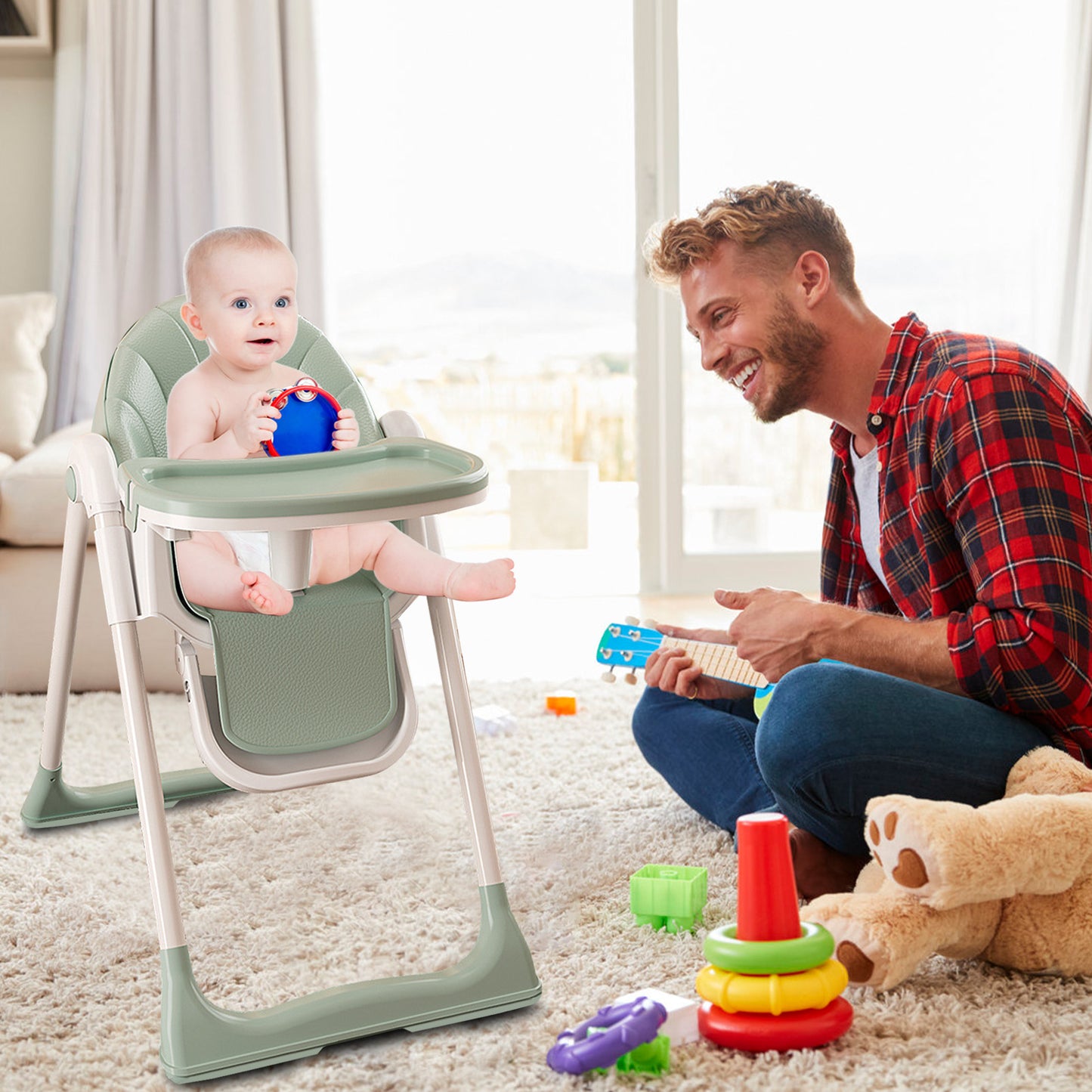 4-in-1 Baby High Chair, Convertible High Chair for Babies and Toddlers, Portable Dining Chairs with Five-Point Harness, Foldable High Chair with Adjustable Seat, Adjustable Tray, Universal Wheels