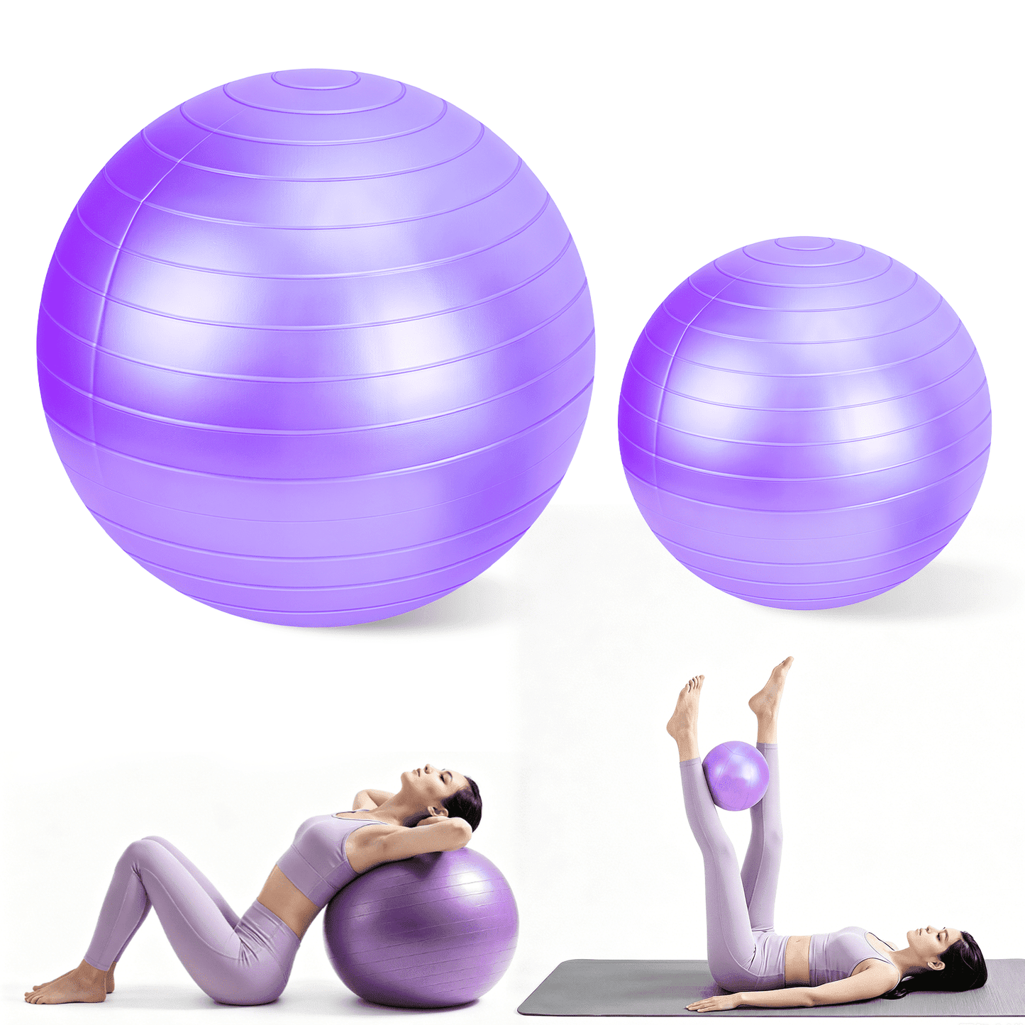 FAGINEY Non-Slip Exercise Ball Set Extra Thick Yoga Ball with Pilates Ball for Home Gym Office, Purple