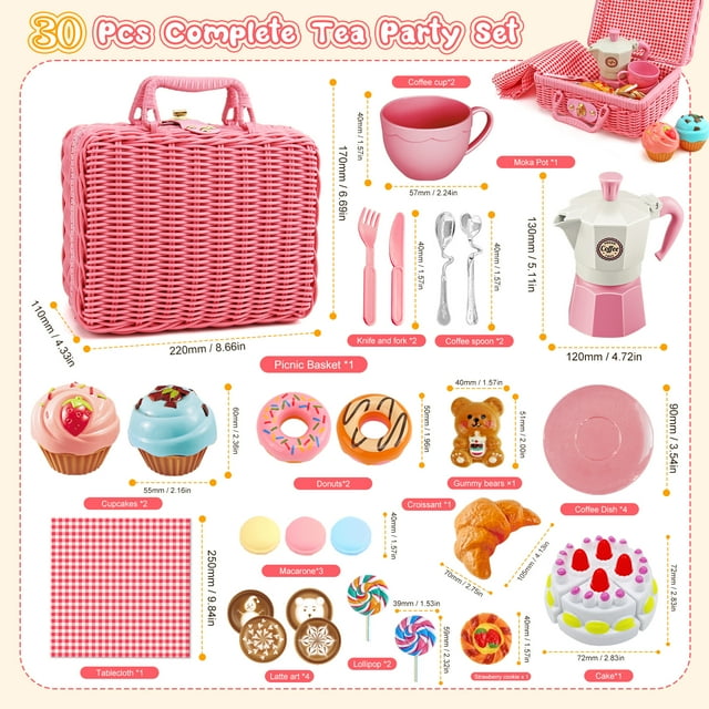 30pcs Tea Party Set, Gift For Girls Princess Tea Party Set Kitchen Pretend Toys With Teapot, Cups, Plates And Carrying Case. Cake, Food For 3+Girls,Pink