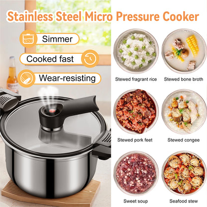 3.8 QT Stainless Steel Micro Pressure Cooker, Push-Pull Lock Pressure Cooker Soup Stew Pot, Multifunctional Time Saving Stockpot