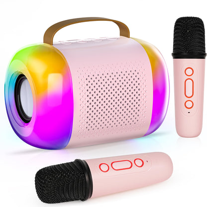 Karaoke Machine for Kids Adults, Mini Portable Karaoke Speaker with 2 Wireless Bluetooth Microphones & 2 Charging Cables, LED Lights, Birthday Gifts for Girls Ages 3-12 Toddler Toys, Pink