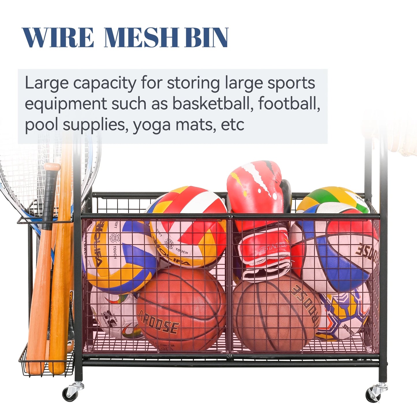 Garage Sports Equipment Organizer, Ball Storage with Hooks and Baskets for Indoor Outdoor