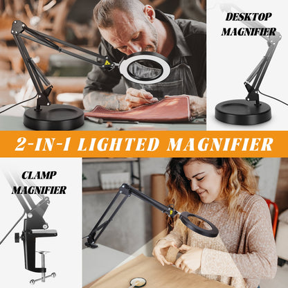 10x Magnifying Glass With Light And Stand, 3 Color Stepless Dimmable Magnifying Lamp, 2-In-1 Led Work Deak Lamp & Clamp, Lighted Magnifying Glass For Craft Hobby Reading Close Workbench