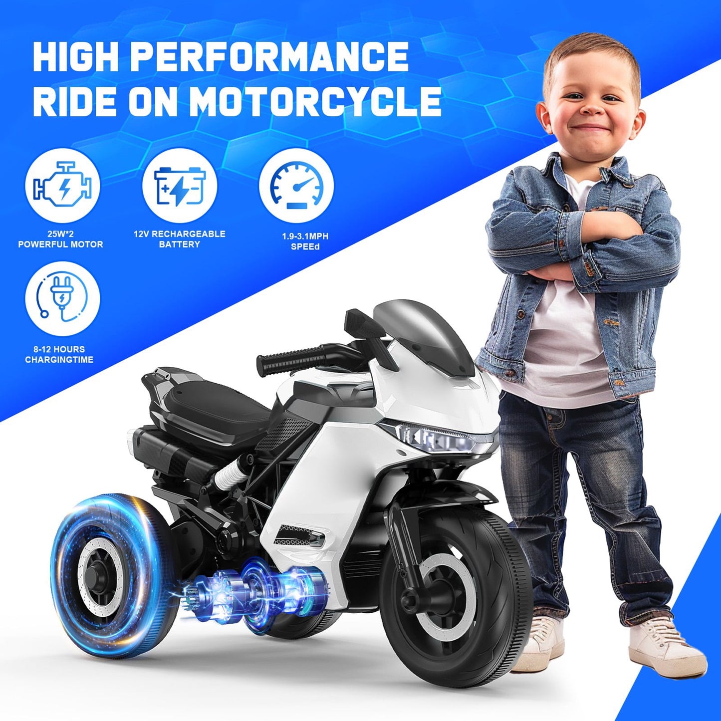 KALNUR 12V Motorcycle for Kids, Electric Motorcycle with 3 Wheels&Music ,Ride on Toys for Boy Girl