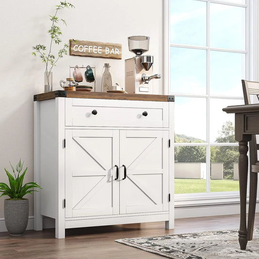 Coffee Bar Cabinet, Modern Farmhouse Buffet Sideboard with Drawer and Adjustable Shelf, Barn Door Storage Cabinet for Kitchen, Dining Room, Bathroom, Entryway, White