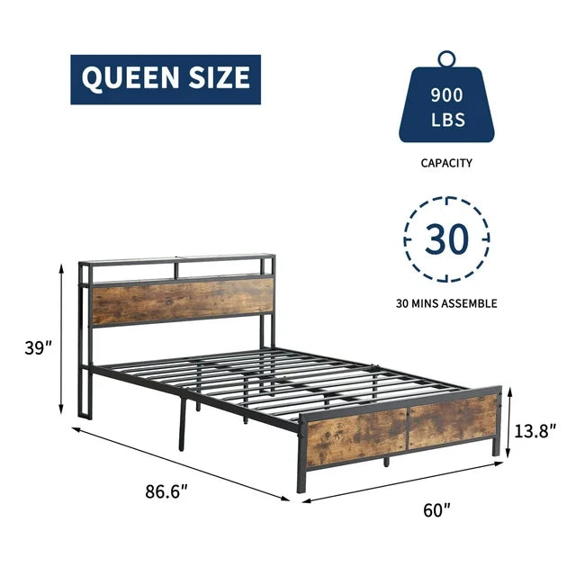 LED Bed Frame Queen Size with 2 USB Ports and Outlets, Platform Metal Bed Frame and Headboard, No Box Spring Needed, Noise-Free(Rustic Brown-Queen)