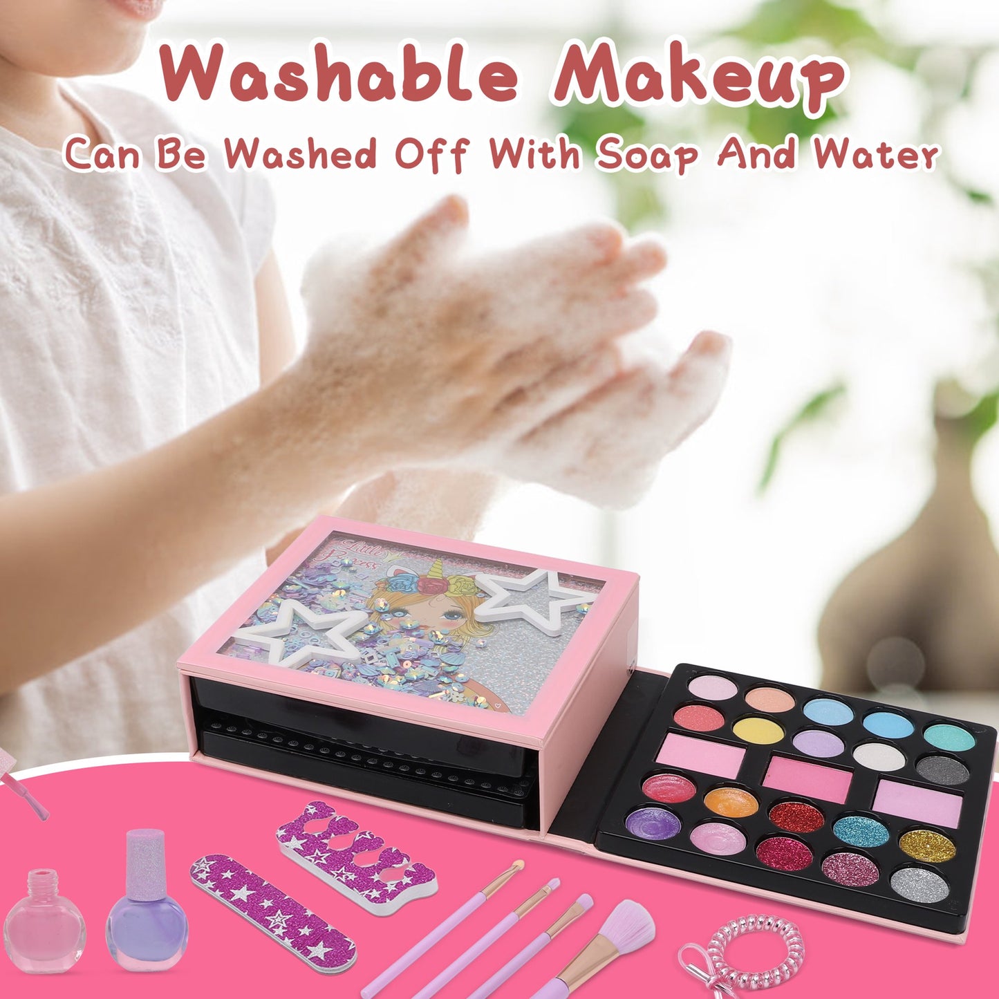 Washable Children Makeup Set for Little Girls Birthday Christmas Gift Toy Makeup Toys for 4 5 6 7 8 9 10 Years Old Girls (15 Pcs)