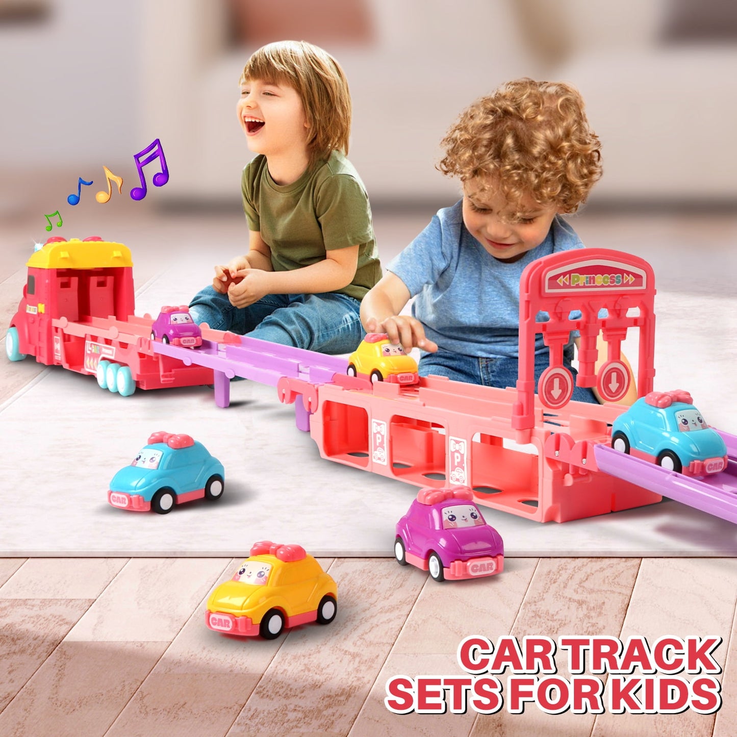 7 in 1 Carrier Truck Toy Cars for Toddlers 1-3 with Light and Sound, Christmas Birthday Gifts, Pink