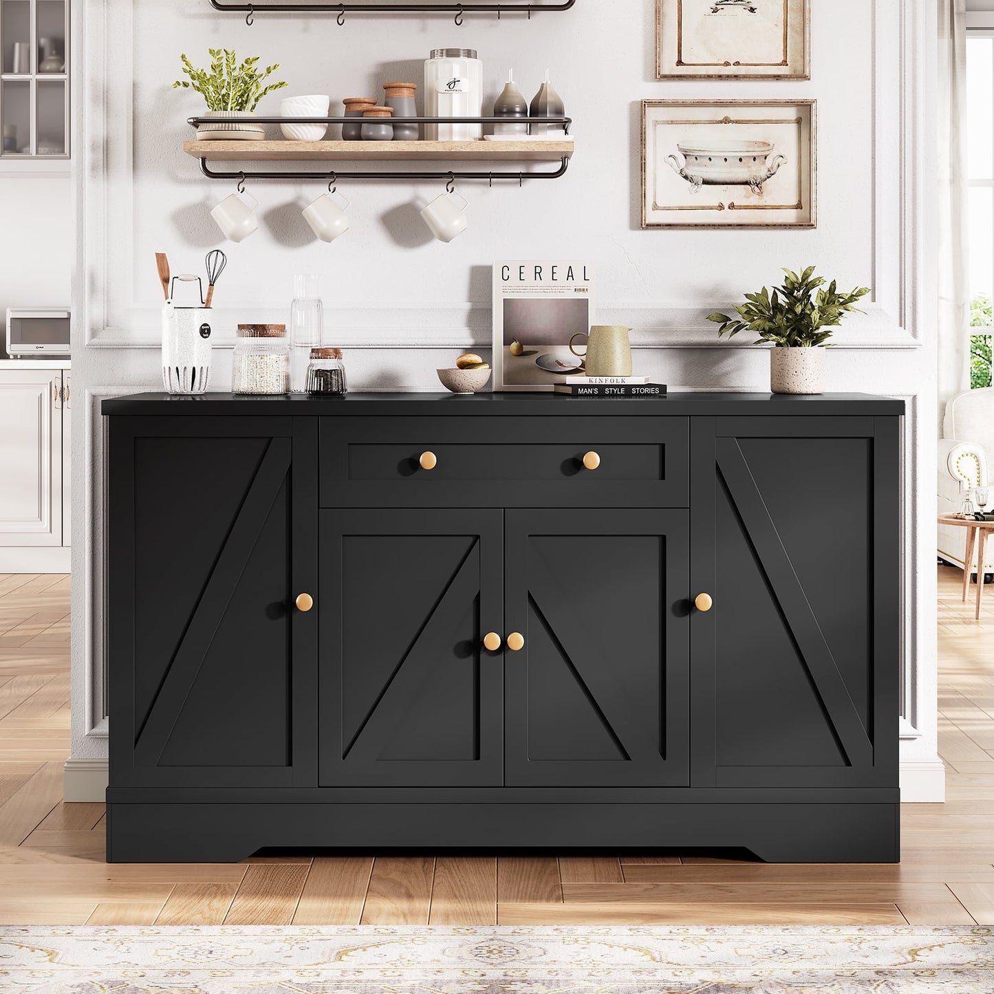 LAFGUR 54" Kitchen Storage Cabinet,Farmhouse Buffet Sideboard with Pull-Out Shelves & Drawer,White