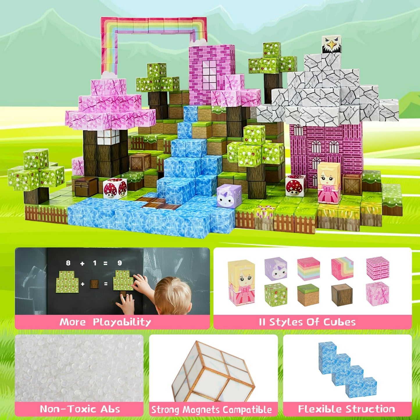 100 PCS Magnetic Blocks- magnetic block Pink Castle Set for 3-5 Years Old 6-8 Years Old Boys and Girls, Sensory Toys for Toddlers, Gifts for Birthday Christmas