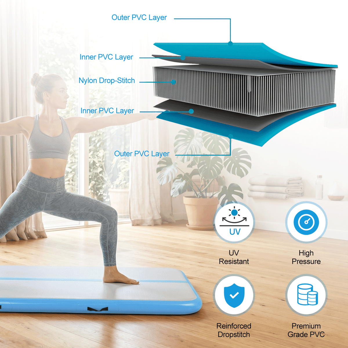 FAGINEY Inflatable Gymnastics Mat Thick PVC Cushioning 6.6 X 3.3ft Air Gym Mat for Training Fitness