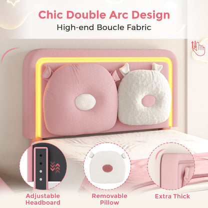 LAFGUR Twin Size Upholstered Bed Frame with LED Lights,Boucle Princess Platform Bed with Adjustable Headboard and Removable Pillows