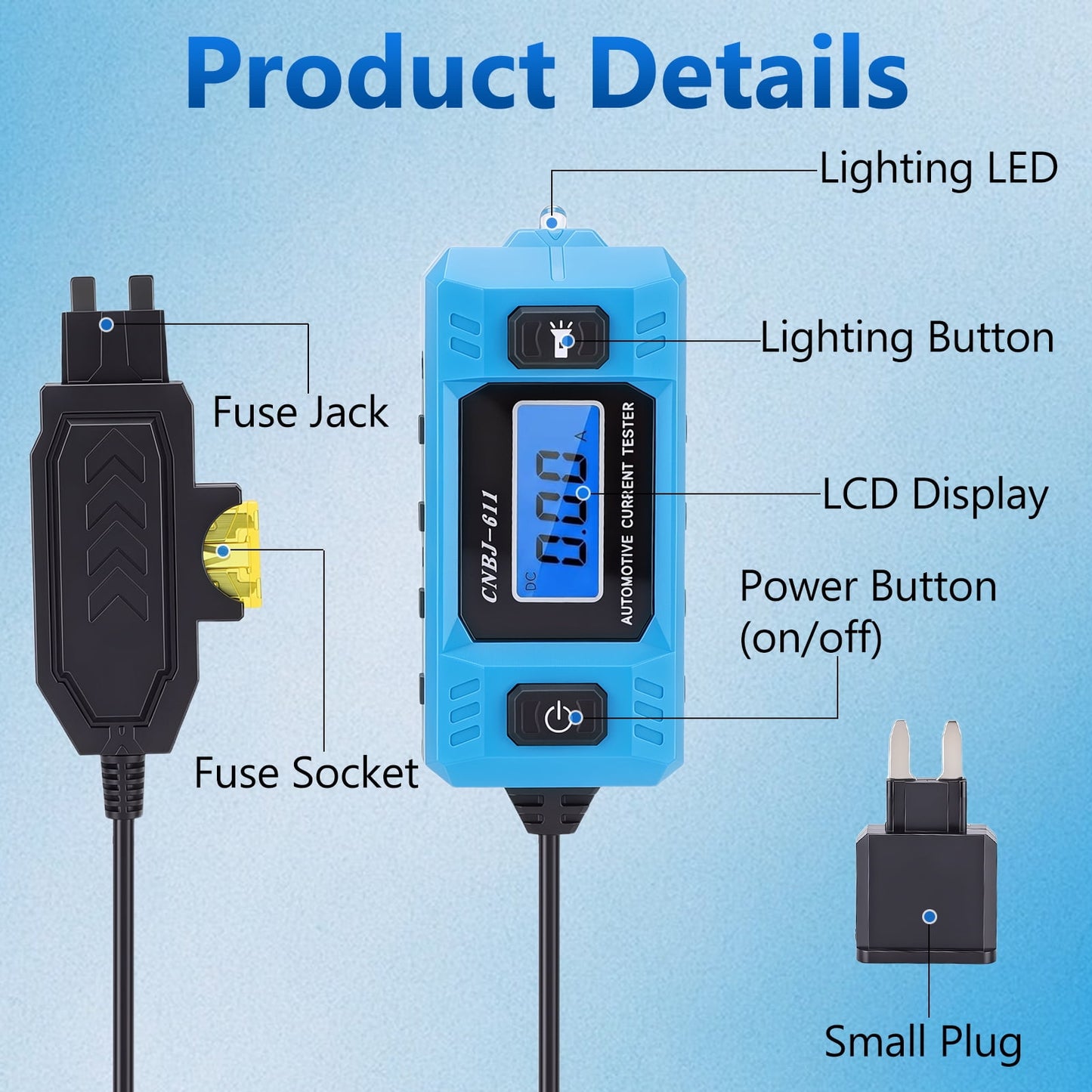 FAGINEY Fuse Current Tester Automotive Current Detector with LCD Backlight LED Flashlight for Car Truck Circuit Diagnosis