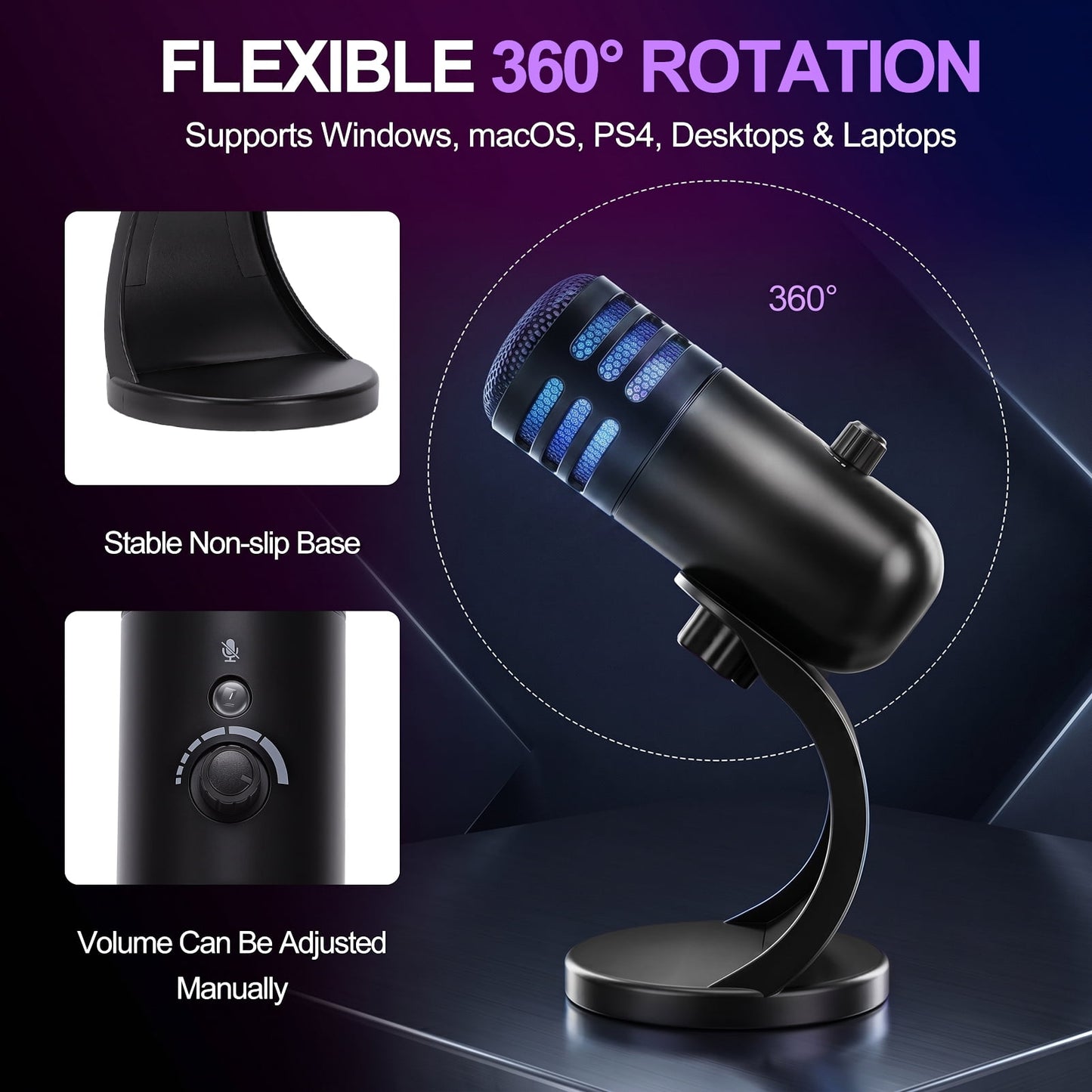 FAGINEY USB Gaming Microphone with RGB Light Smart Noise Cancellation for PC Laptop Recording