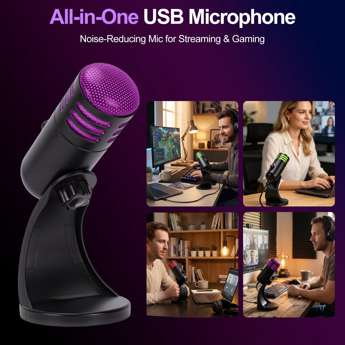 FAGINEY USB Gaming Microphone with RGB Light Smart Noise Cancellation for PC Laptop Recording