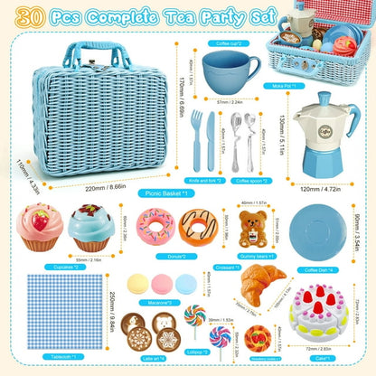 30pcs Tea Party Set, Gift For Girls Princess Tea Party Set Kitchen Pretend Toys With Teapot, Cups, Plates And Carrying Case. Cake, Food For 3+Girls,Blue