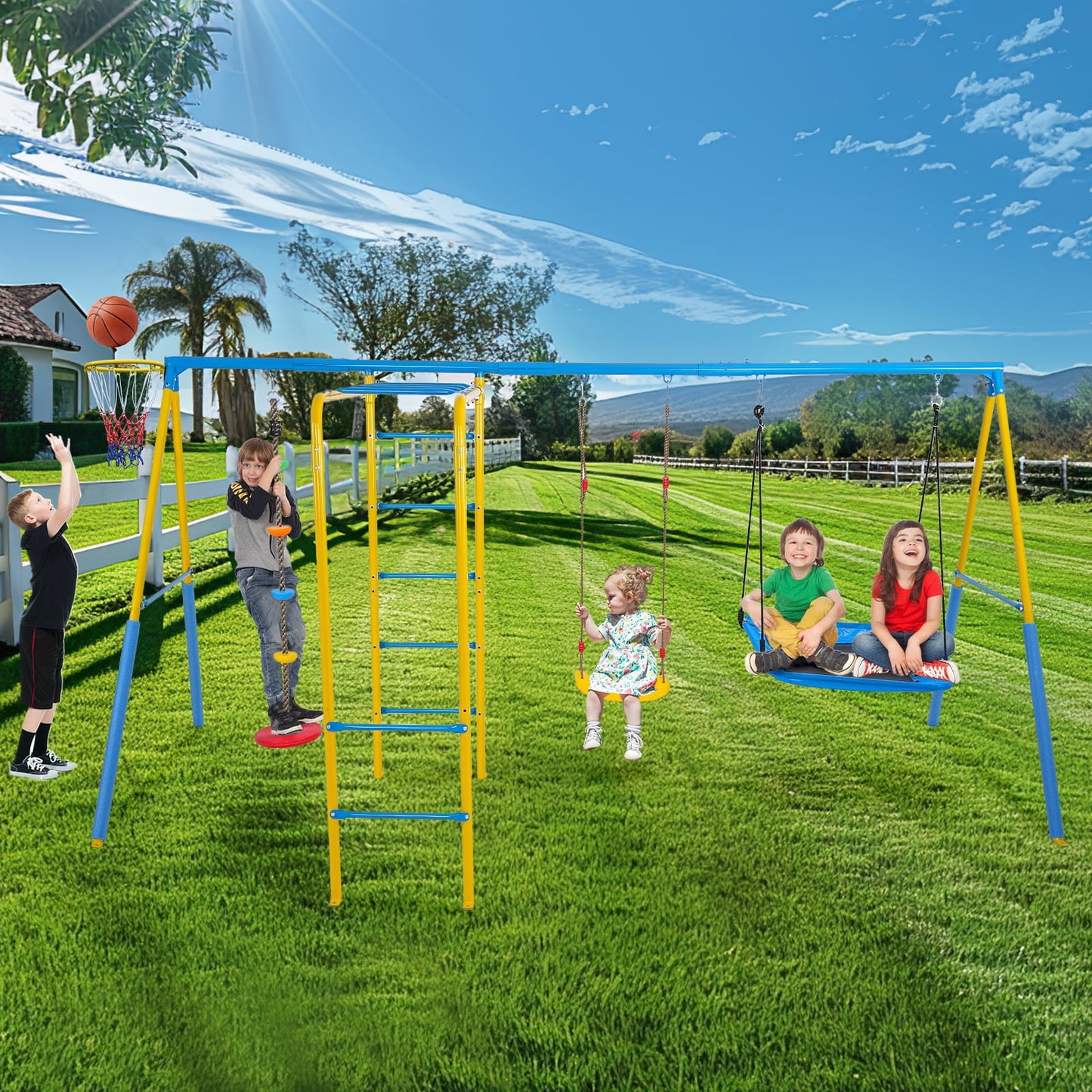 KALNUR 6 in 1 Swing Sets for Outside,A-Frame Swing Set with Monkey Bars,3 Swing,Climbing Frame,Basketball Hoop