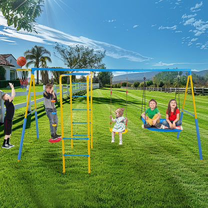 KALNUR 6 in 1 Swing Sets for Outside,A-Frame Swing Set with Monkey Bars,3 Swing,Climbing Frame,Basketball Hoop