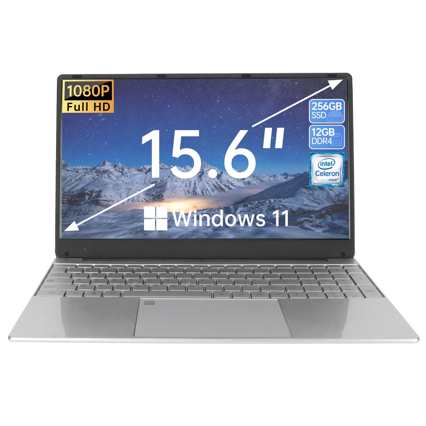 15.6 inch Laptop 1920*1080 FHD IPS Display, 12GB DDR4 256GB SSD Quad-Core Intel N5095 Processors, WiFi, Bluetooth, FingerPrint, Backlit Keyboard, Windows 11 Computer, 15" Lightweight Laptop, Silver