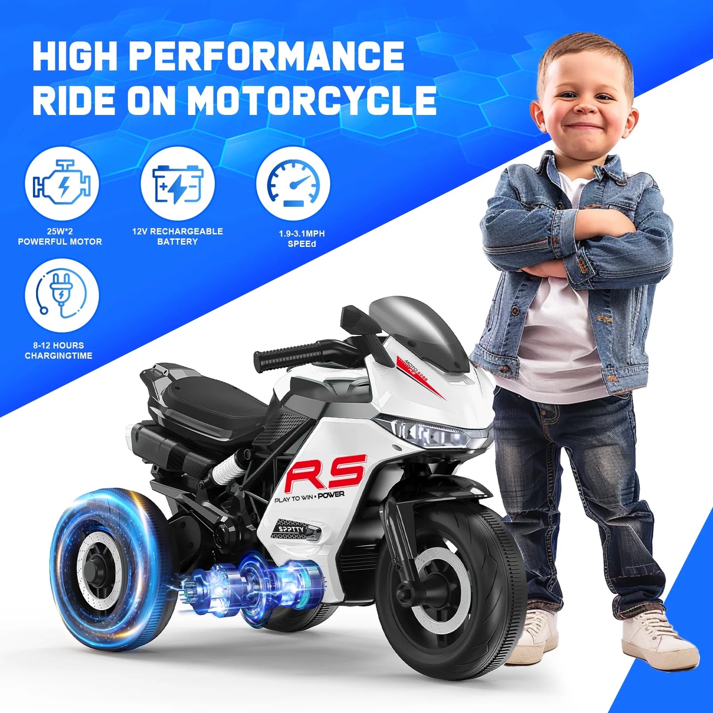 12V Kids Motorcycle Ride On Toys, Electric Battery Powered Motorcycle with 3 Wheels, LED Lights, Music, Pedal, Gift for Children