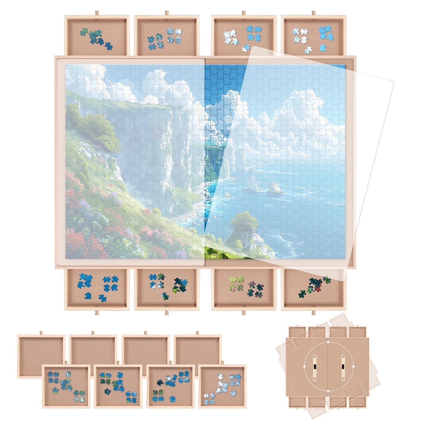 1500 Piece Puzzle Board With Cover And 8 Drawers , 34" X 26" Wooden Rotating Jigsaw Puzzle Table, Fold Spinning Puzzle Boards For Adults