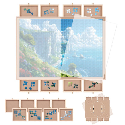 1500 Piece Puzzle Board With Cover And 8 Drawers , 34" X 26" Wooden Rotating Jigsaw Puzzle Table, Fold Spinning Puzzle Boards For Adults