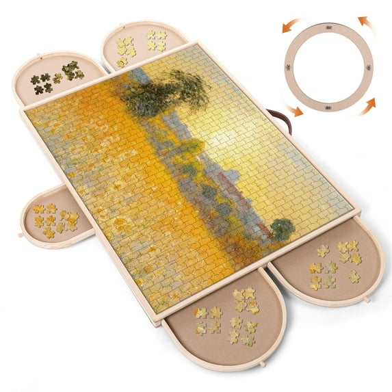 Crtynell 1500 Piece Puzzle Board With Drawers And Cover, 34" X 26" Wooden Rotating Jigsaw Puzzle Table, Spinning Puzzle Boards For Adults