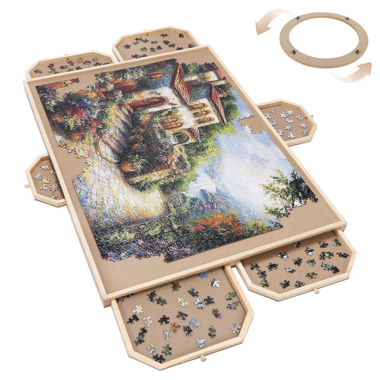 1500 Piece Puzzle Board With Drawers And Cover, 34" X 26" Wooden Rotating Jigsaw Puzzle Table, Spinning Puzzle Boards For Adults And Kids