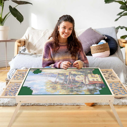 1500 Piece Puzzle Board With Folding Legs And 4 Sliding Drawers, 34" X 26" Wooden Rotating Jigsaw Puzzle Table, Wood Puzzle Tray For Adults And Kids