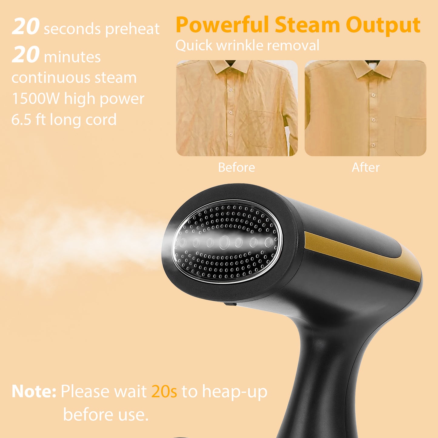 Steamer for Clothes Handheld 1500W Powerful Garment Steamer with Overheating Auto Off ,20-Second Fast Heat-up for Removing Wrinkles,Detachable Water Tank with Detachable Brush