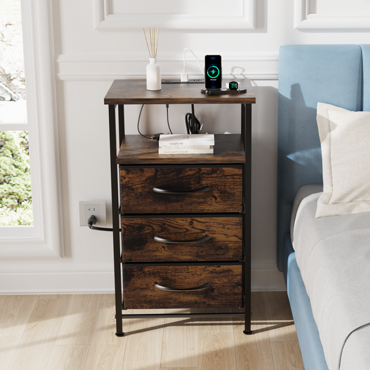 Night Stand with Charging Station, 16 Colors LED Nightstand with USB Ports and Outlets, End Table with 3 Fabric Drawers and Storage Shelf, Bedside Tables Small Dresser for Small Space Brown-5710934917