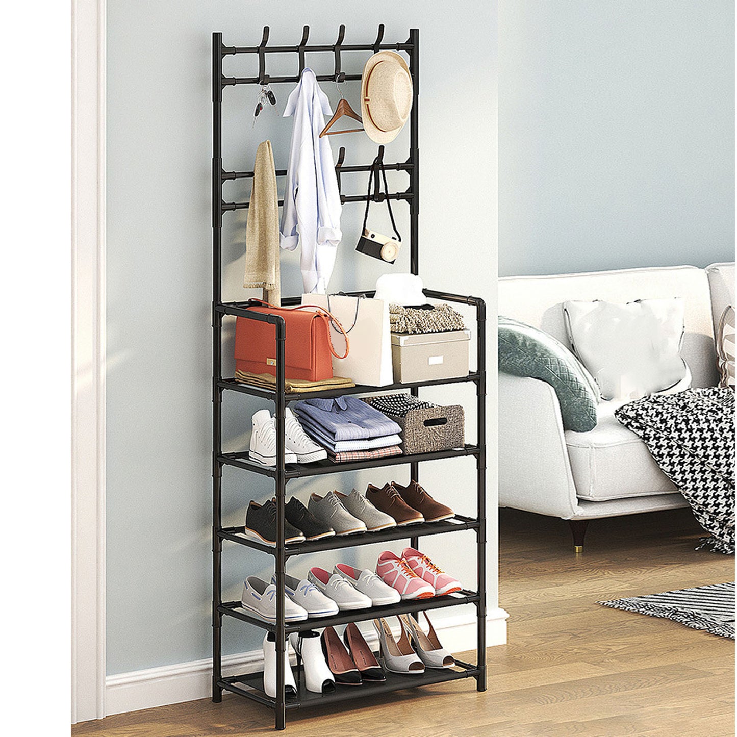 3-in-1 Entryway Coat Rack with Shoe Rack, 69" H Coat Clothes Rack Shoe Storage Shelves, Multipurpose Hat and Shoe Storage Rack with 5-Tier 8 Hooks, Suitable for Hat, Clothes,Key,Black