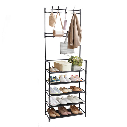 3-in-1 Entryway Coat Rack with Shoe Rack, 69" H Coat Clothes Rack Shoe Storage Shelves, Multipurpose Hat and Shoe Storage Rack with 5-Tier 8 Hooks, Suitable for Hat, Clothes,Key,Black