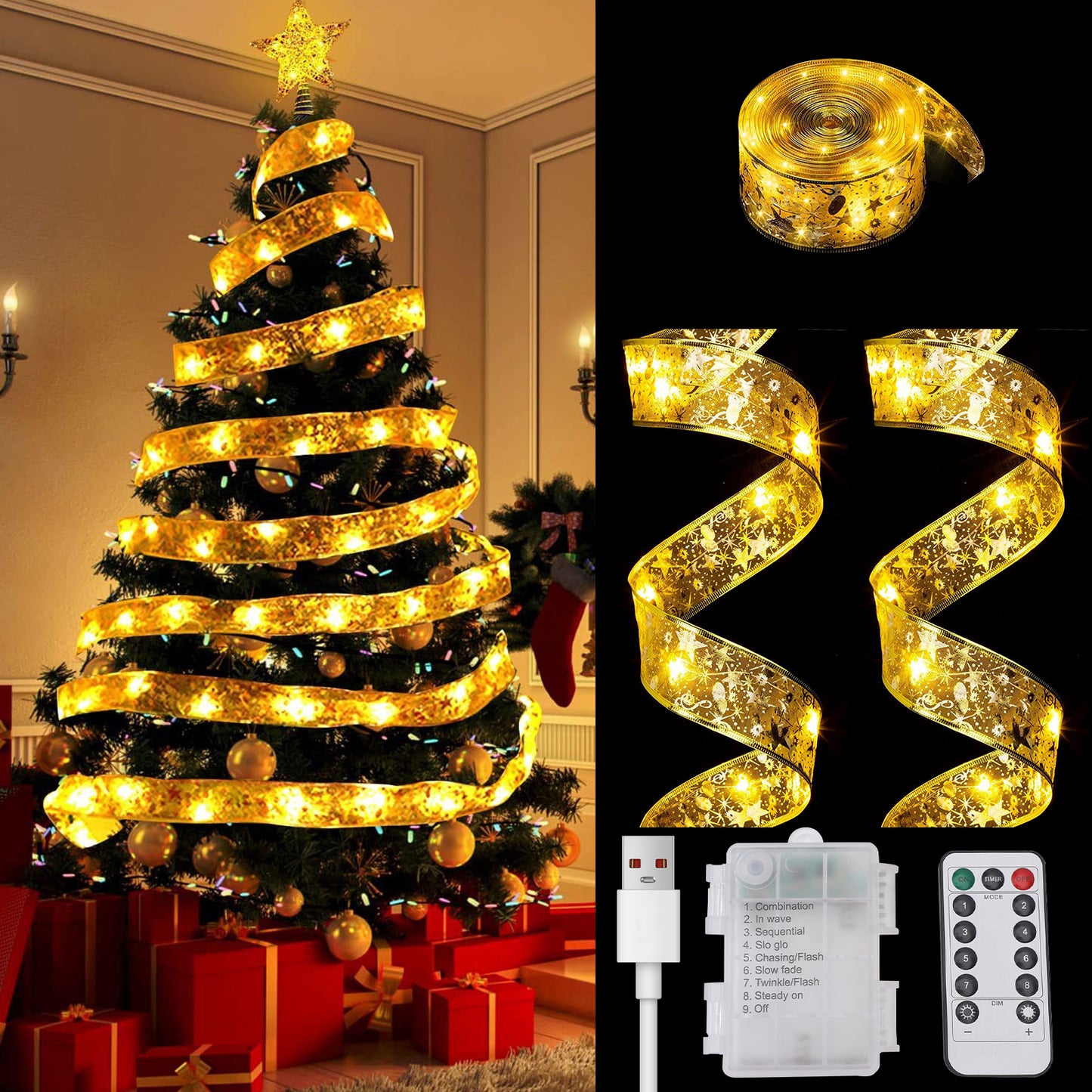 Christmas Ribbon Lights 32.8ft/10m 100 LED Lights Christmas Tree Xmas Lights Battery Operated Copper Wire Ribbon Bows Fairy String Lights for New Year Party Weddings Christmas Tree,Warm White