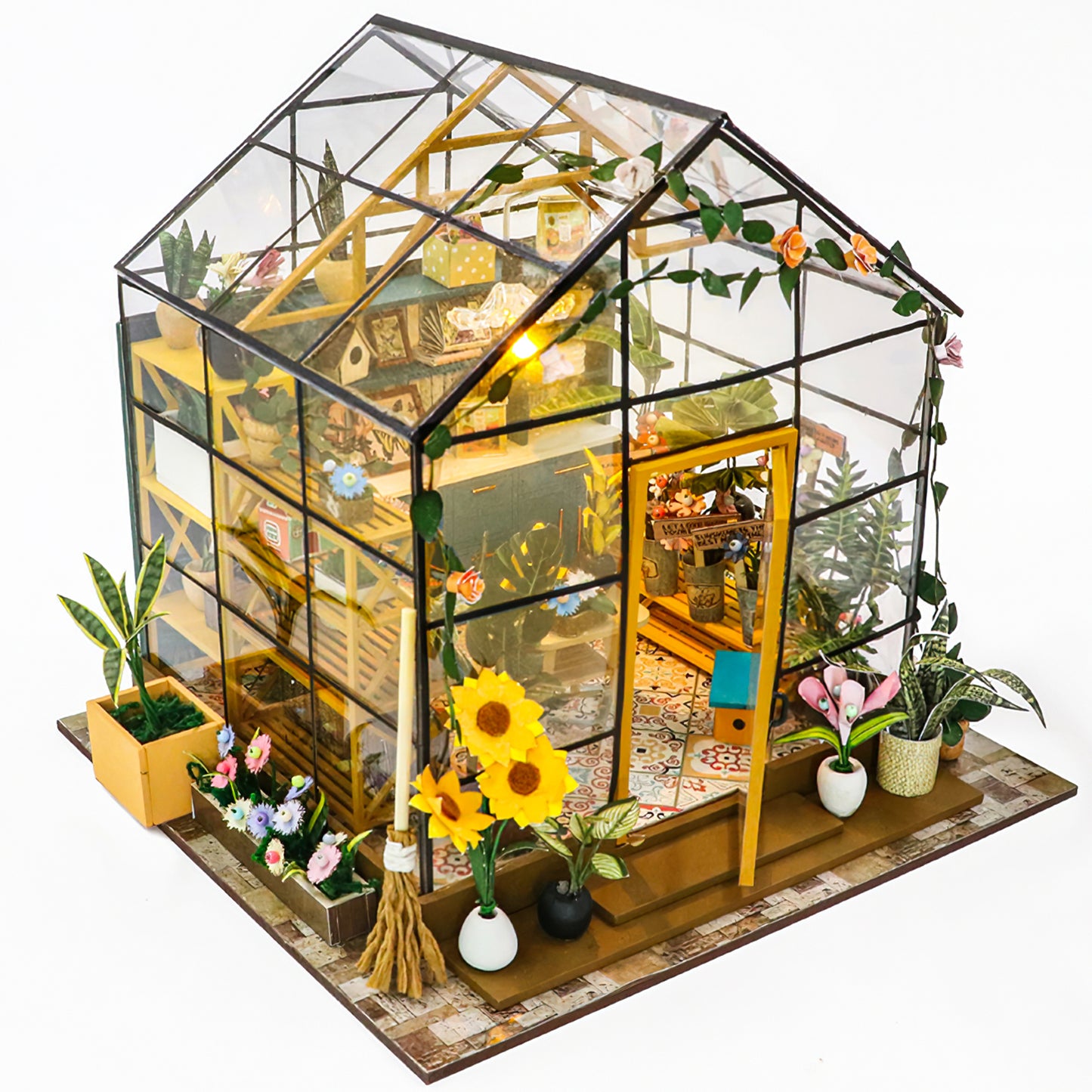 Crtynell Diy Miniature Dollhouse Kit, Green House With Furniture And Led Lights, Wooden Dollhouse Kit, Best Birthday And Christmas Gifts For Women And Girls (Cathy'S Flower House)