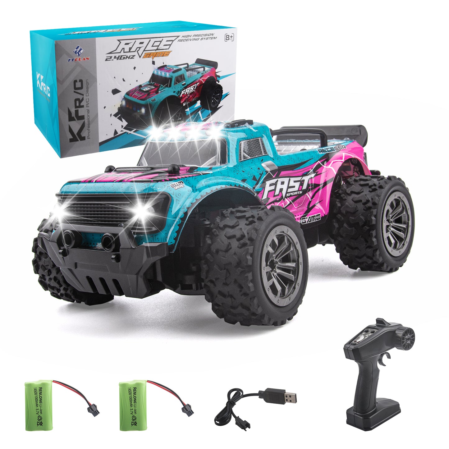 DOMQGA Remote Control Car for Boys Girls,1:20 Off Road RC Car with Cool Lights,2.4 GHz RC Monster Truck All Terrains Electric Toy Car with 2 Rechargeable Batteries