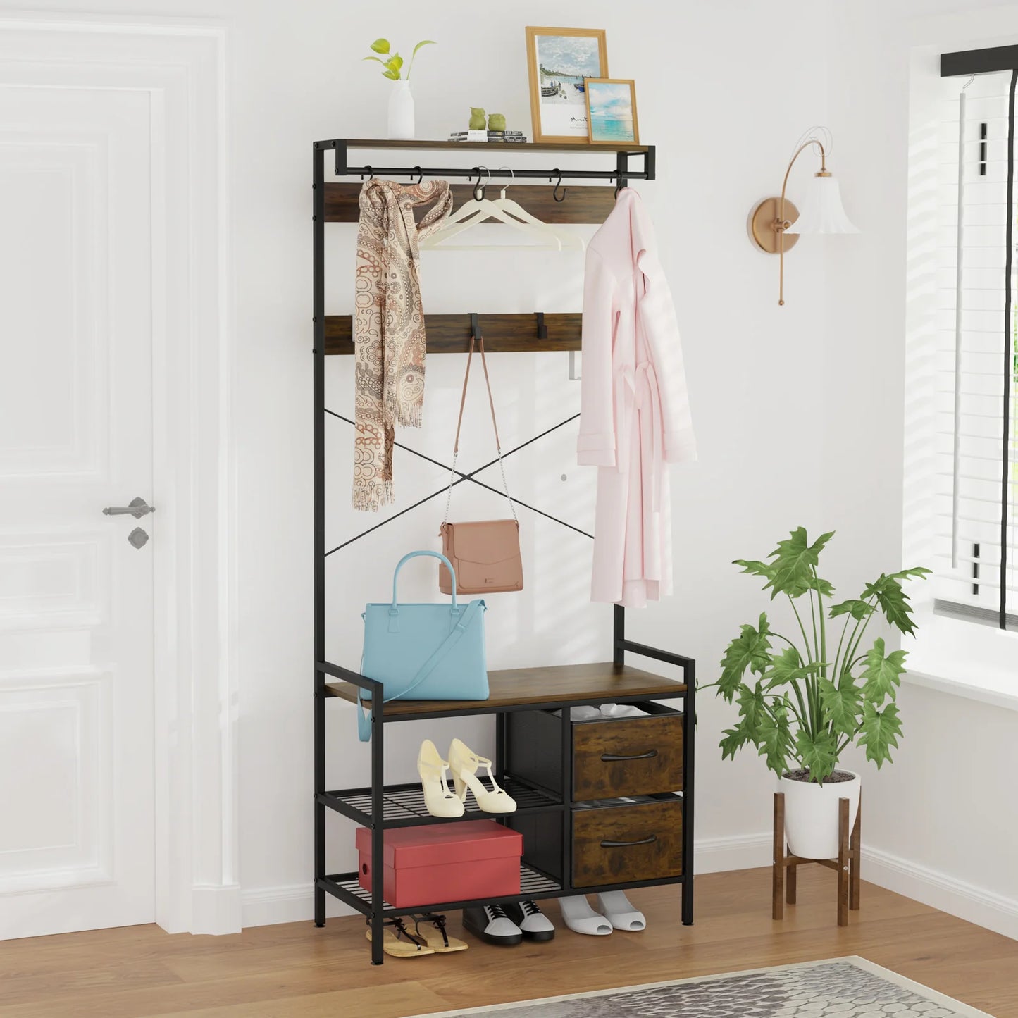 Entryway Hall Tree with Shoe Storage Bench, Coat Hooks, Drawers and Mirror, Rustic Brown-5931996477