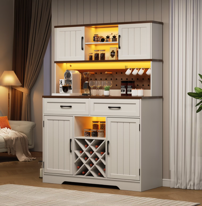 72" Kitchen Storage Cabinet with Power Outlet & LED Light, Coffee Bar Cabinet with Drawers & Wine Glass Rack,Sideboard for Home,White