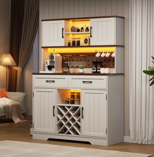 72" Kitchen Storage Cabinet with Power Outlet & LED Light, Coffee Bar Cabinet with Drawers & Wine Glass Rack,Sideboard for Home,White