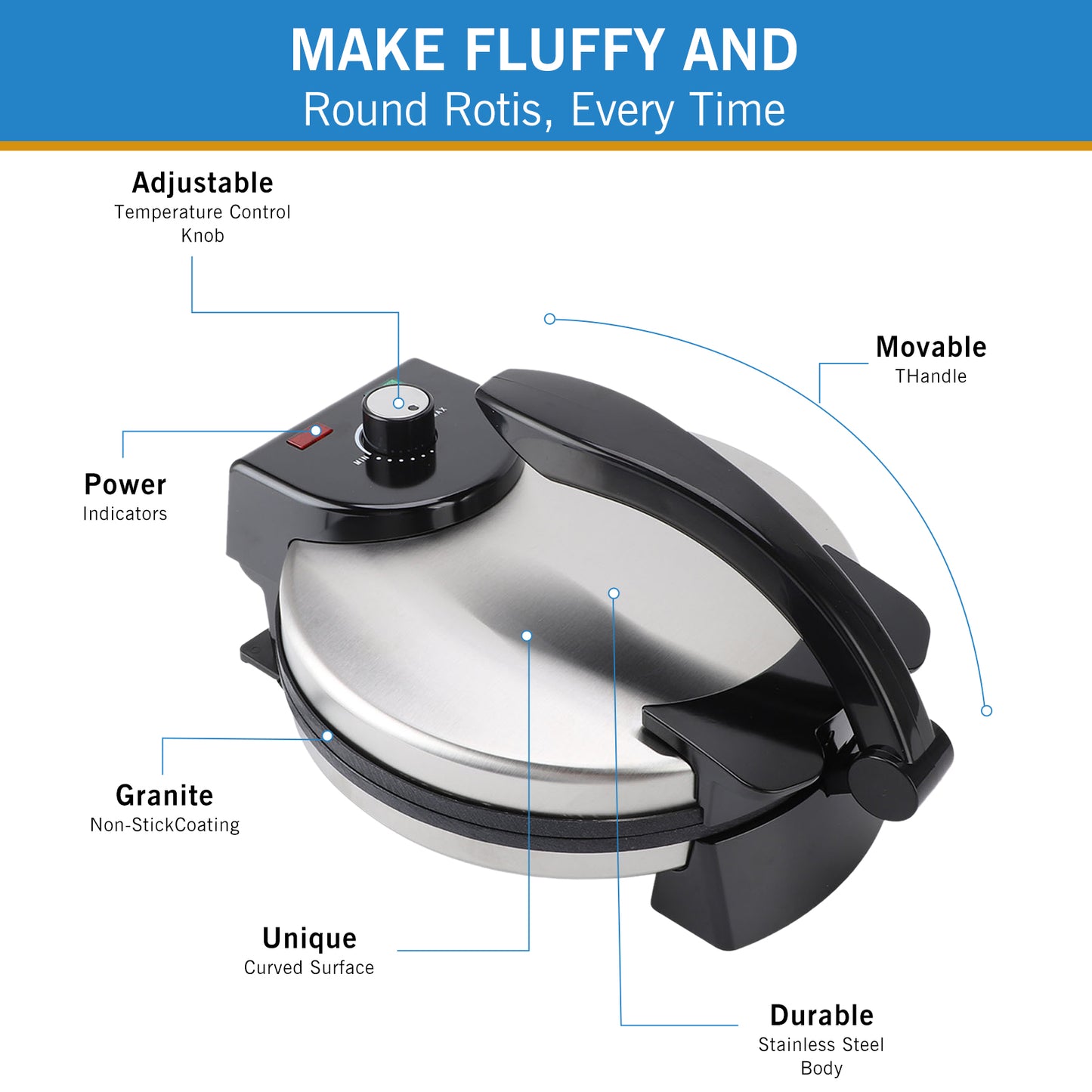 Roti Maker Machine, Stainless Steel Non-Stick Electric Tortilla Maker, 10-Inch