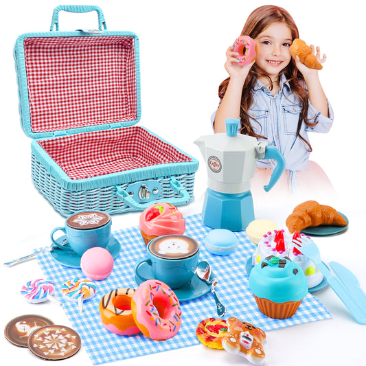 Crtynell Tea Party Set for Little Girls, 30 Pcs Picnic Basket Set with Carry Case, Teapot, Tea Cup, Dessert & Table Cloth, Pretend Play Toy Gifts for Kids 4 5 6 Year Old (Blue)