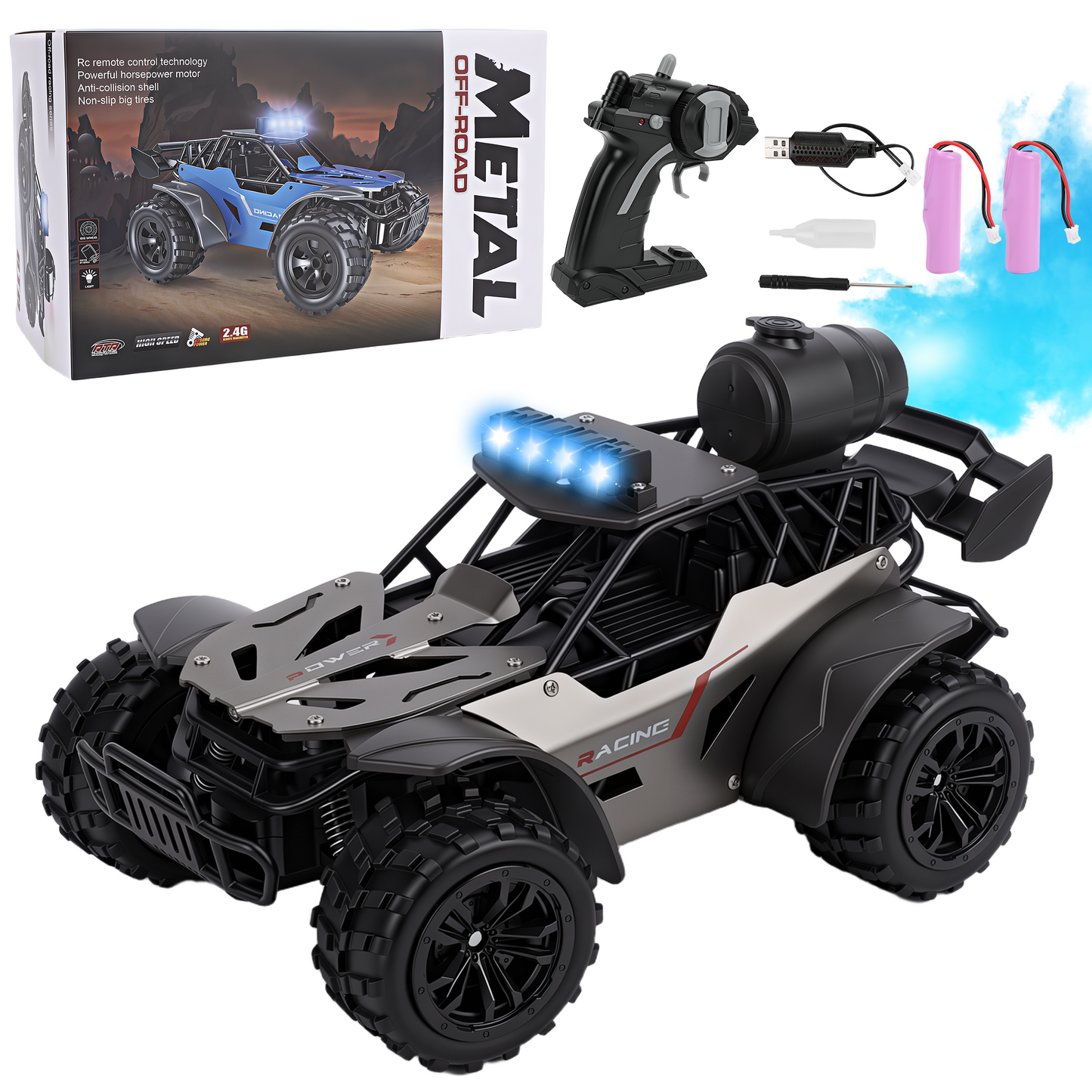 FAGINEY RC Cars with Spray Function 1:18 Off-Road Vehicle with LED Lights, 2 Batteries Included, Remote Control Toy Gift for Kids Adults, Grey